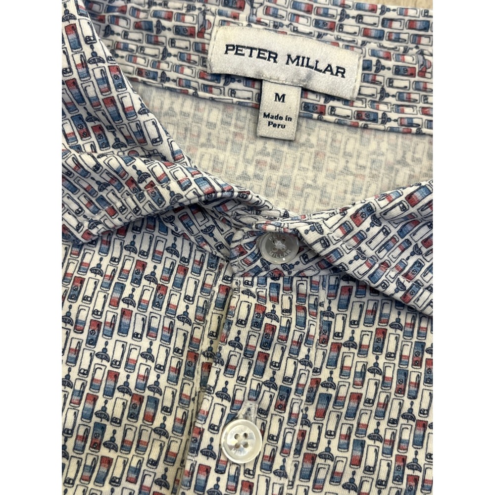 Peter Millar Mens Pima Cotton Cocktail Glass Print Polo Shirt Blue Red Medium